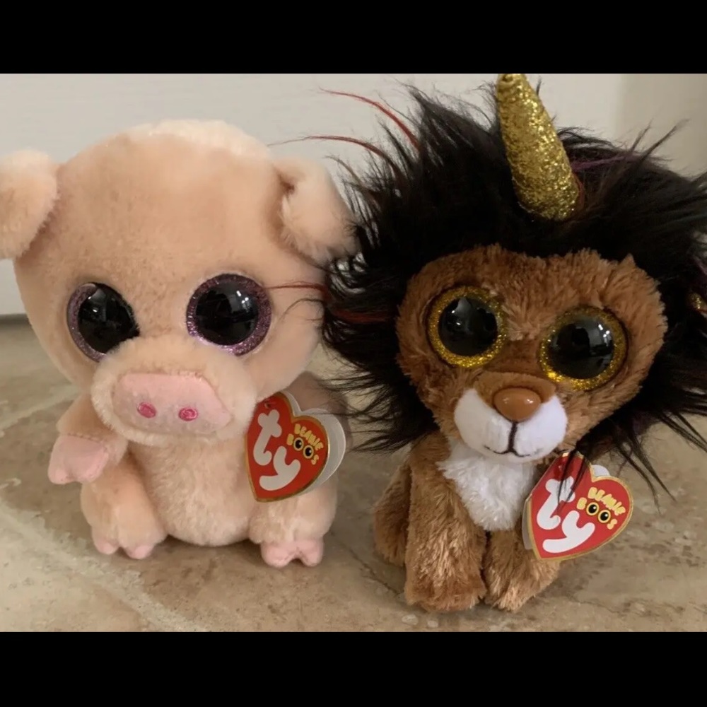 2 Ty Beanie Boos Piggley Pig Lion Ramsey Glitter Eyes Stuffed Animal Plush Toys